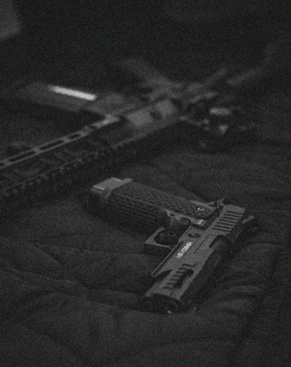 One handgun and one AR15 from Precision Shot Firearm on bed